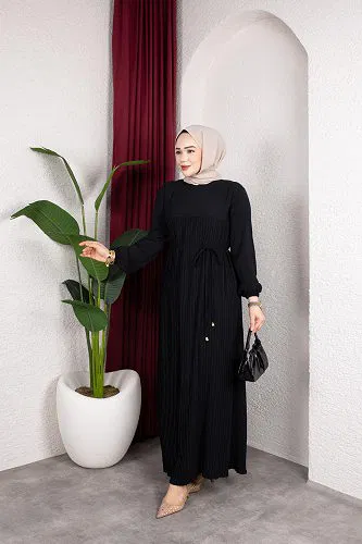 Pileli Tesettür Elbise-5120 Siyah - Thumbnail