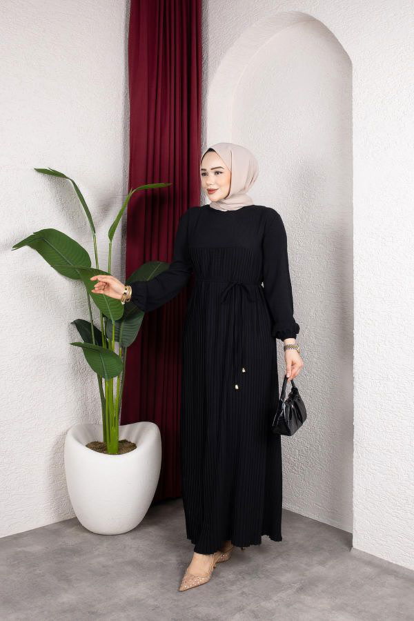 Pileli Tesettür Elbise-5120 Siyah