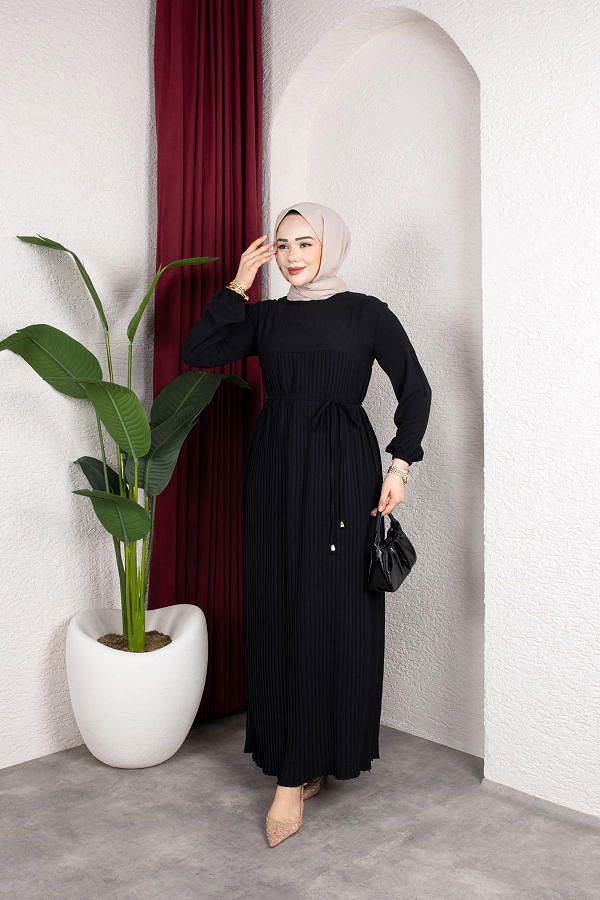 Pileli Tesettür Elbise-5120 Siyah