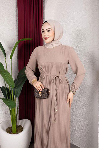 Pileli Tesettür Elbise-5120 Vizon - Thumbnail