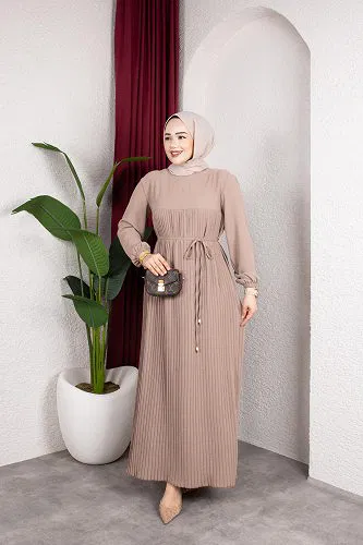 Pileli Tesettür Elbise-5120 Vizon - Thumbnail