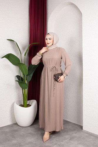 Pileli Tesettür Elbise-5120 Vizon - Thumbnail