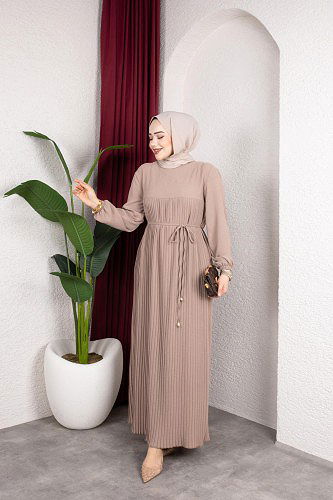 Pileli Tesettür Elbise-5120 Vizon - Thumbnail