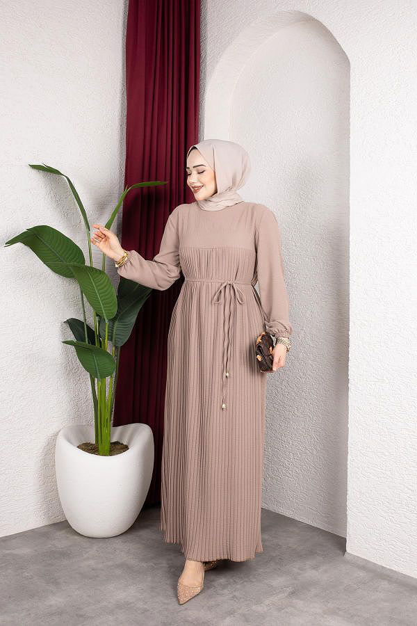 Pileli Tesettür Elbise-5120 Vizon