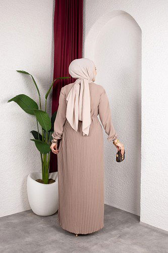 Pileli Tesettür Elbise-5120 Vizon - Thumbnail