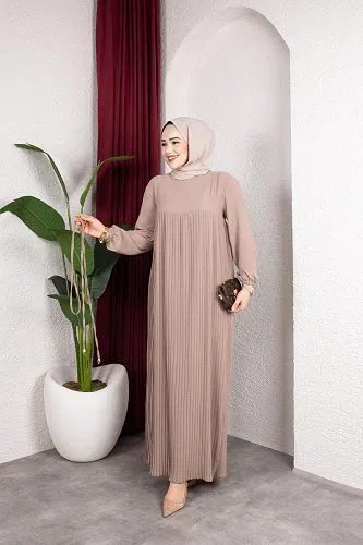 Pileli Tesettür Elbise-5120 Vizon - Thumbnail