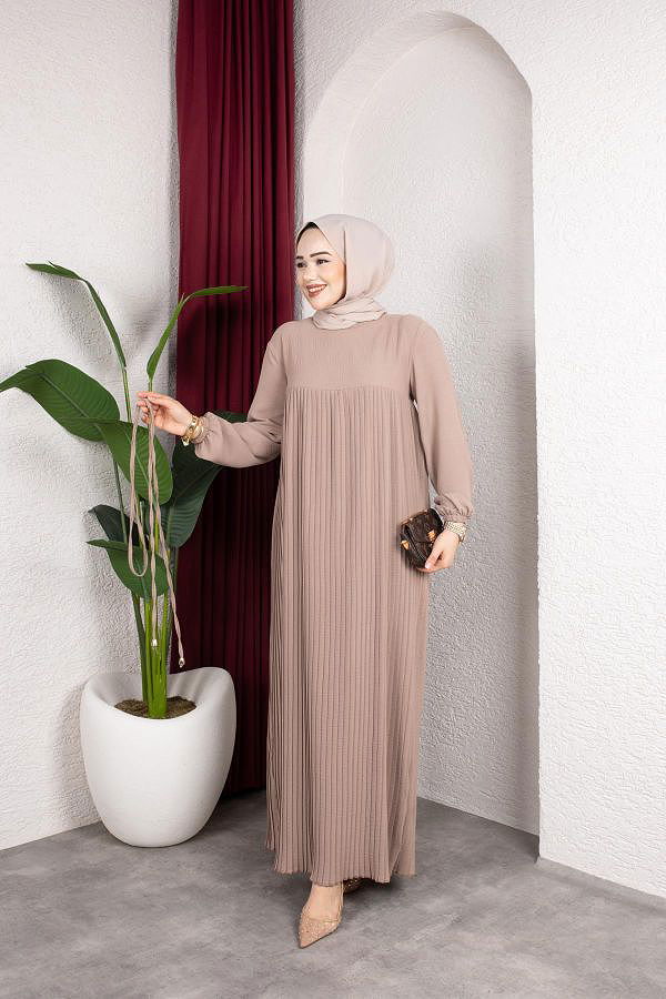 Pileli Tesettür Elbise-5120 Vizon