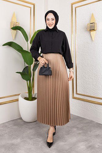 Modaebva - Pliseli Tesettür Etek-2034 Açık kahve