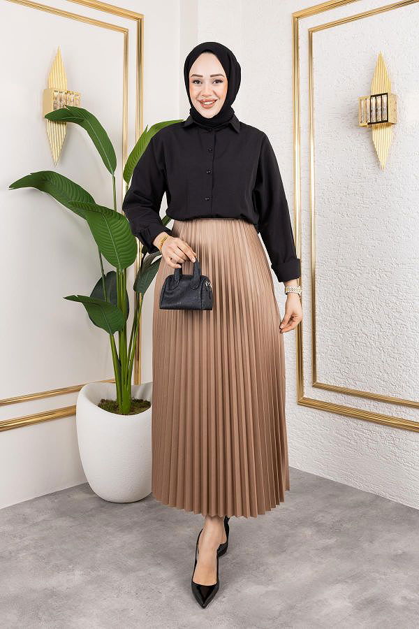 Pliseli Tesettür Etek-2034 Açık kahve