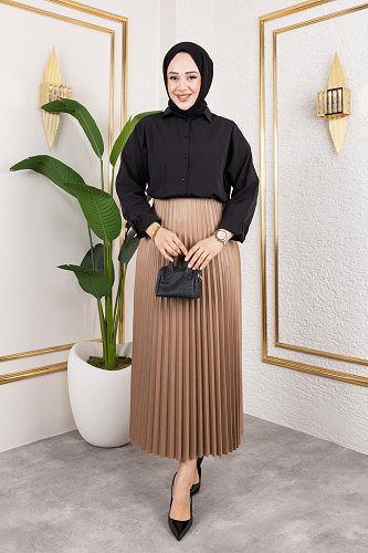 Modaebva - Pliseli Tesettür Etek-2034 Açık kahve (1)