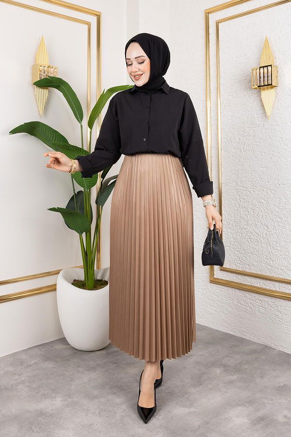 Pliseli Tesettür Etek-2034 Açık kahve
