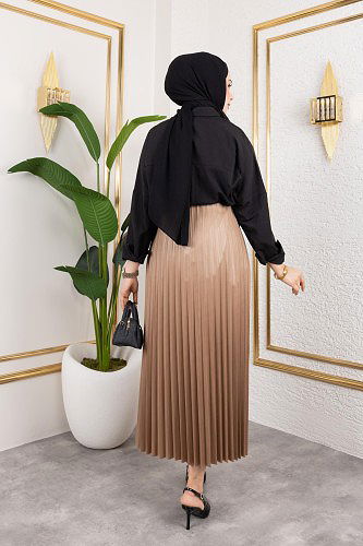 Pliseli Tesettür Etek-2034 Açık kahve - Thumbnail