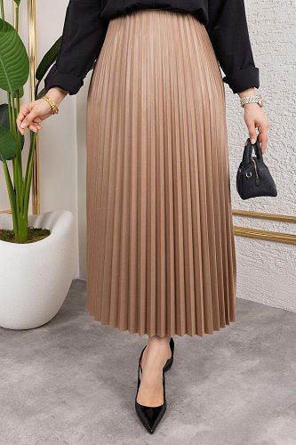 Pliseli Tesettür Etek-2034 Açık kahve - Thumbnail