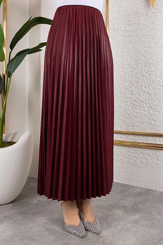 Pliseli Tesettür Etek-2034 Bordo - Thumbnail