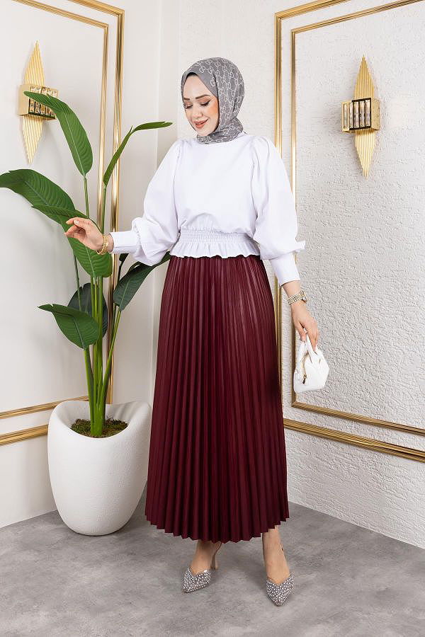 Pliseli Tesettür Etek-2034 Bordo