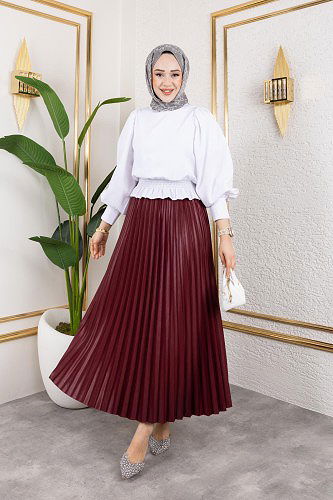 Modaebva - Pliseli Tesettür Etek-2034 Bordo