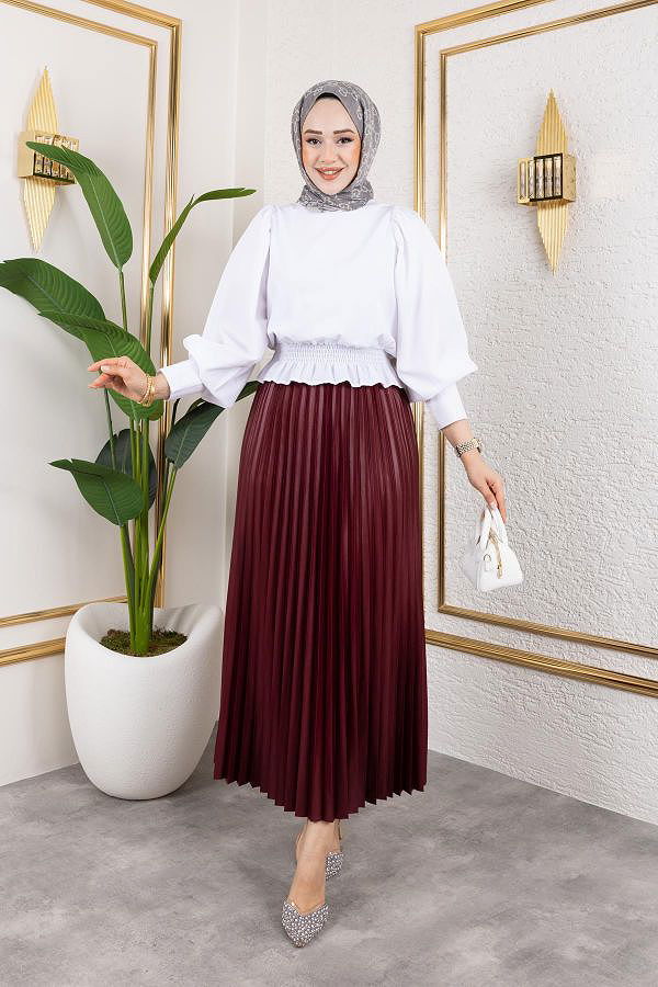 Pliseli Tesettür Etek-2034 Bordo