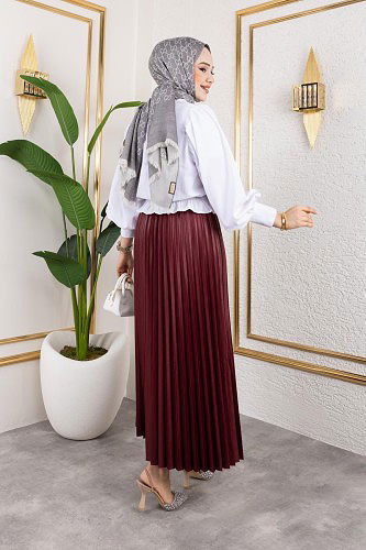 Pliseli Tesettür Etek-2034 Bordo - Thumbnail