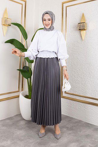Modaebva - Pliseli Tesettür Etek-2034 Gri