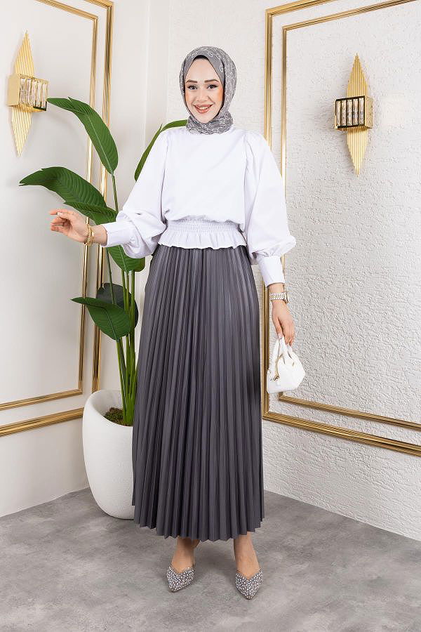 Pliseli Tesettür Etek-2034 Gri