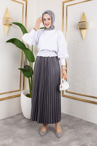 Modaebva - Pliseli Tesettür Etek-2034 Gri (1)