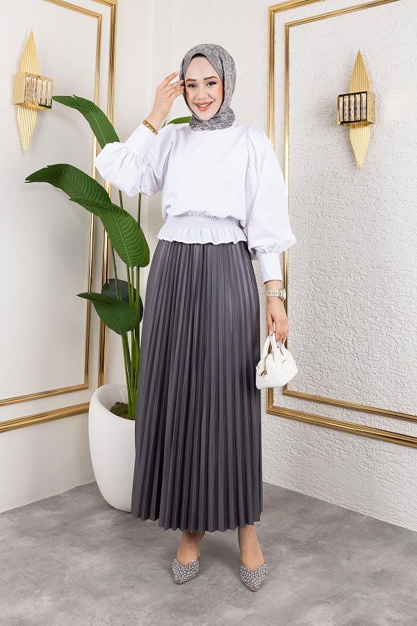 Pliseli Tesettür Etek-2034 Gri