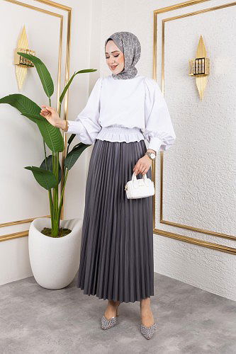 Pliseli Tesettür Etek-2034 Gri - Thumbnail