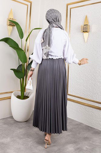 Pliseli Tesettür Etek-2034 Gri - Thumbnail