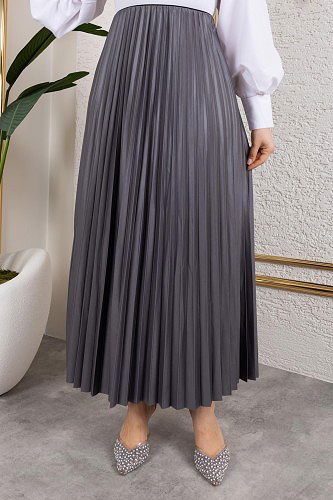 Pliseli Tesettür Etek-2034 Gri - Thumbnail