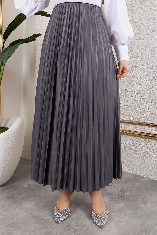 Pliseli Tesettür Etek-2034 Gri