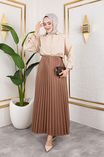 Pliseli Tesettür Etek-2034 Kahverengi - Thumbnail