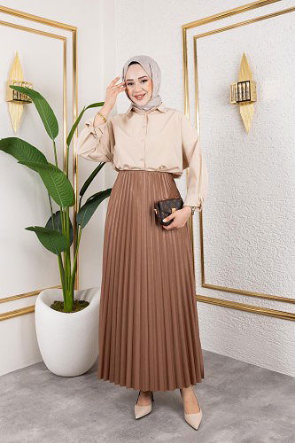 Pliseli Tesettür Etek-2034 Kahverengi - Thumbnail
