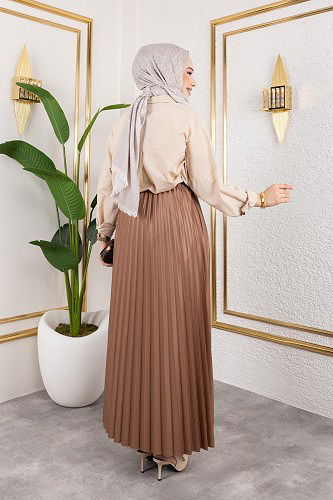 Pliseli Tesettür Etek-2034 Kahverengi - Thumbnail