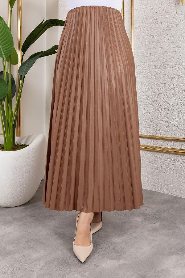 Pliseli Tesettür Etek-2034 Kahverengi
