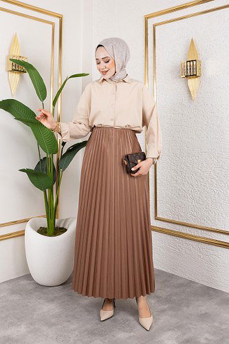 Modaebva - Pliseli Tesettür Etek-2034 Kahverengi