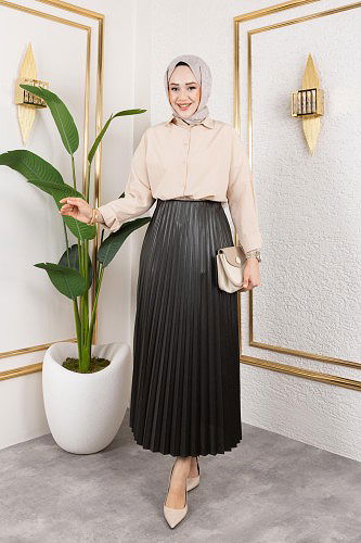 Modaebva - Pliseli Tesettür Etek-2034 Koyu hakiyeşil