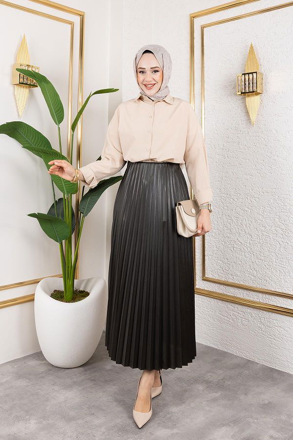 Pliseli Tesettür Etek-2034 Koyu hakiyeşil