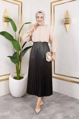 Pliseli Tesettür Etek-2034 Koyu hakiyeşil - Thumbnail