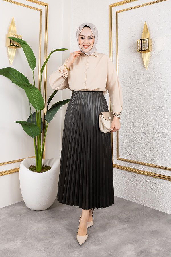 Pliseli Tesettür Etek-2034 Koyu hakiyeşil