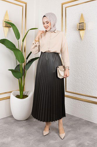 Modaebva - Pliseli Tesettür Etek-2034 Koyu hakiyeşil (1)