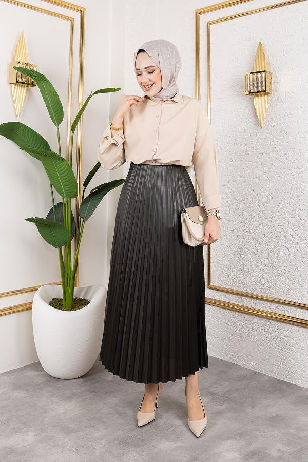 Pliseli Tesettür Etek-2034 Koyu hakiyeşil