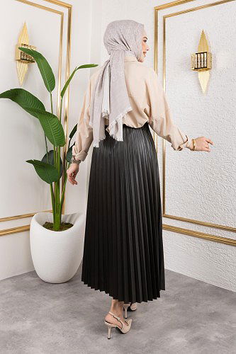 Pliseli Tesettür Etek-2034 Koyu hakiyeşil - Thumbnail