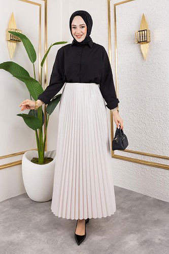 Modaebva - Pliseli Tesettür Etek-2034 Krem