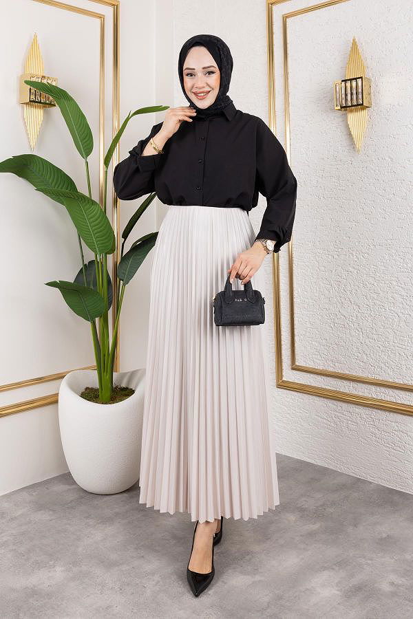 Pliseli Tesettür Etek-2034 Krem