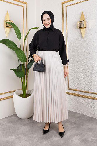 Pliseli Tesettür Etek-2034 Krem - Thumbnail