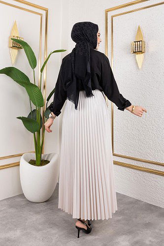 Pliseli Tesettür Etek-2034 Krem - Thumbnail