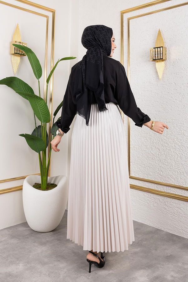 Pliseli Tesettür Etek-2034 Krem