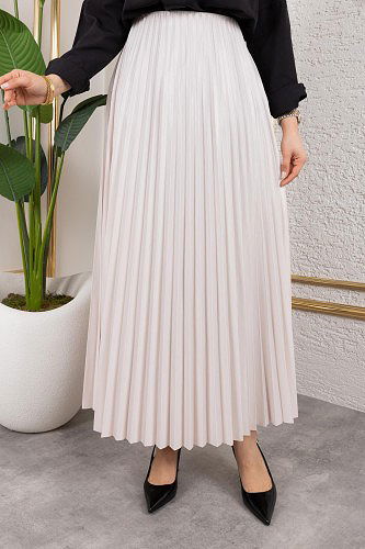 Pliseli Tesettür Etek-2034 Krem - Thumbnail