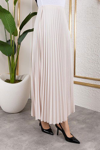 Pliseli Tesettür Etek-2034 Krem - Thumbnail