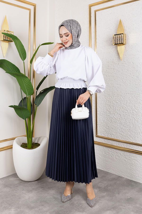 Pliseli Tesettür Etek-2034 Lacivert